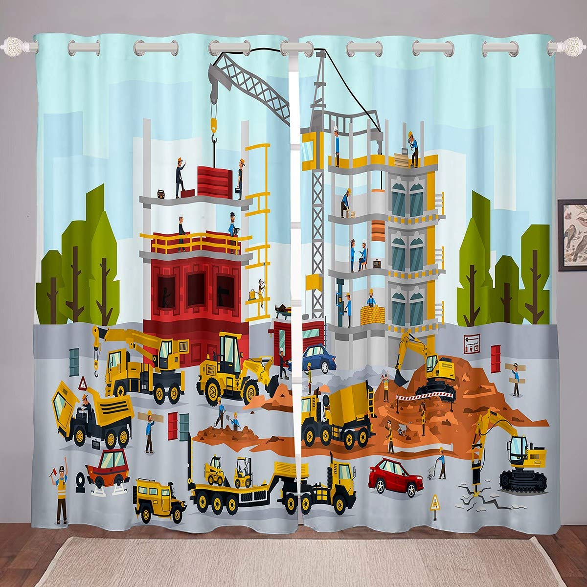 Kids Construction Curtain Cartoon Excavator Truck Room Curtain Boys Girls Transport Vehicle Curtain for Bedroom Hypoallergenic Curtain Drapes,2 Panels W46*L72