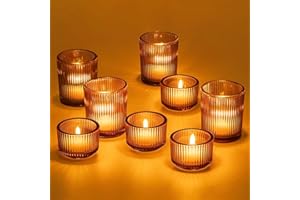 Hewory Glass Tealight Candle Holder: 8 Pcs Amber Votive Candle Holders Tea Lights Candle Holder, Ribbed Tea Light Holders Fall Decorations for Thanksgiving Table Centerpiece Wedding Party Home Decor