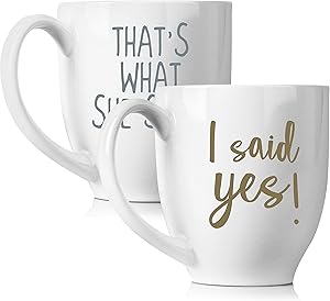 I Said Yes & That's What She Said Coffee 15oz mugs Set for Wedding | Unique Gifts for Couples | His and Hers Novelty Engagement Gifts for Newlyweds | Dishwasher Safe, 2 Piece Set (White)