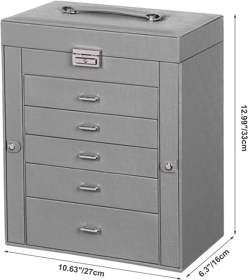 ANWBROAD 6 Tier Huge Jewelry Box Jewelry Organizer Box Display Storage Case Holder with Lock Mirror Girls Jewelry Box for Earrings Rings Necklaces Bracelets Earrings Gift Grey Faux Leather UJJB004H: Home & Kitchen