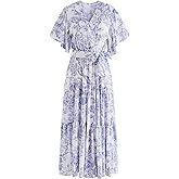 CHICWISH Women Summer V Neck Faux-Wrap Dress Branch Printed Casual Long Dress Flutter Short Sleeve Maxi Dresses with Belt