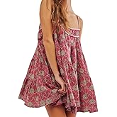 OFSOAK Women Boho Mini Dress Adjustable Spaghetti Strap Sundress Floral Short Flowy Casual Summer Loose Babydoll Dresses