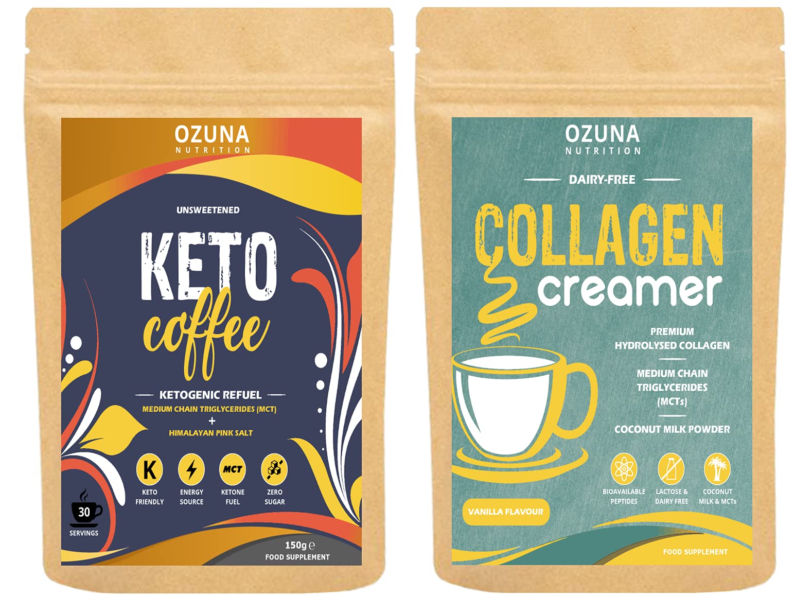 Keto Coffee & Collagen Creamer Bundle, Low Calorie, Dairy-Free, Instant Bulletproof Ketogenic Energy Coffee with MCT Oil & Hydrolysed Collagen Peptides, Supports Skin, Hair & Nails
