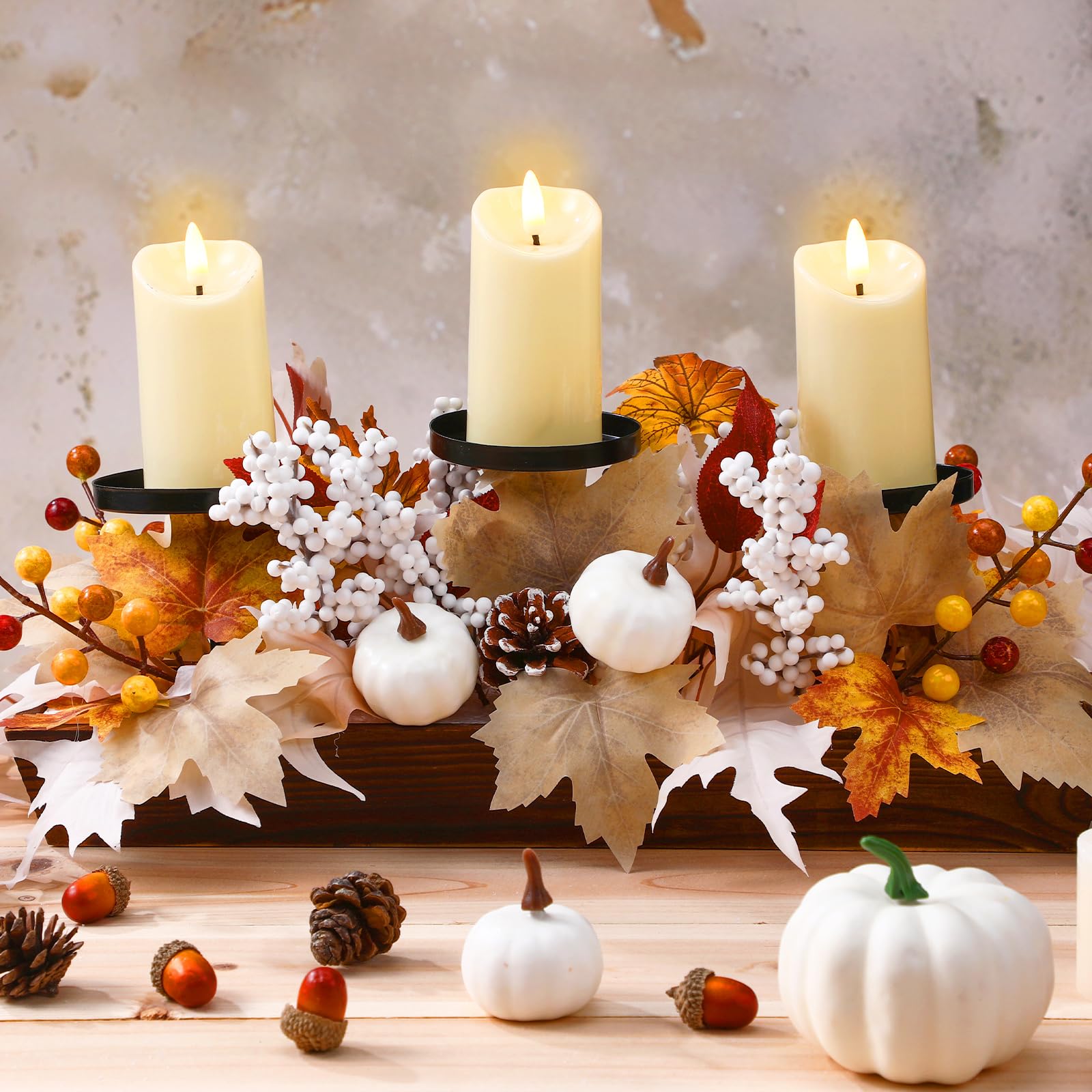 Photo 1 of Vesici Fall Centerpiece Table Decoration Neutral Thanksgiving Tabletop with 3 Candle Holder Artificial Maple Leaves White Pumpkin and Berries Rustic Harvest Farmhouse Decor for Autumn Fireplace Mantel