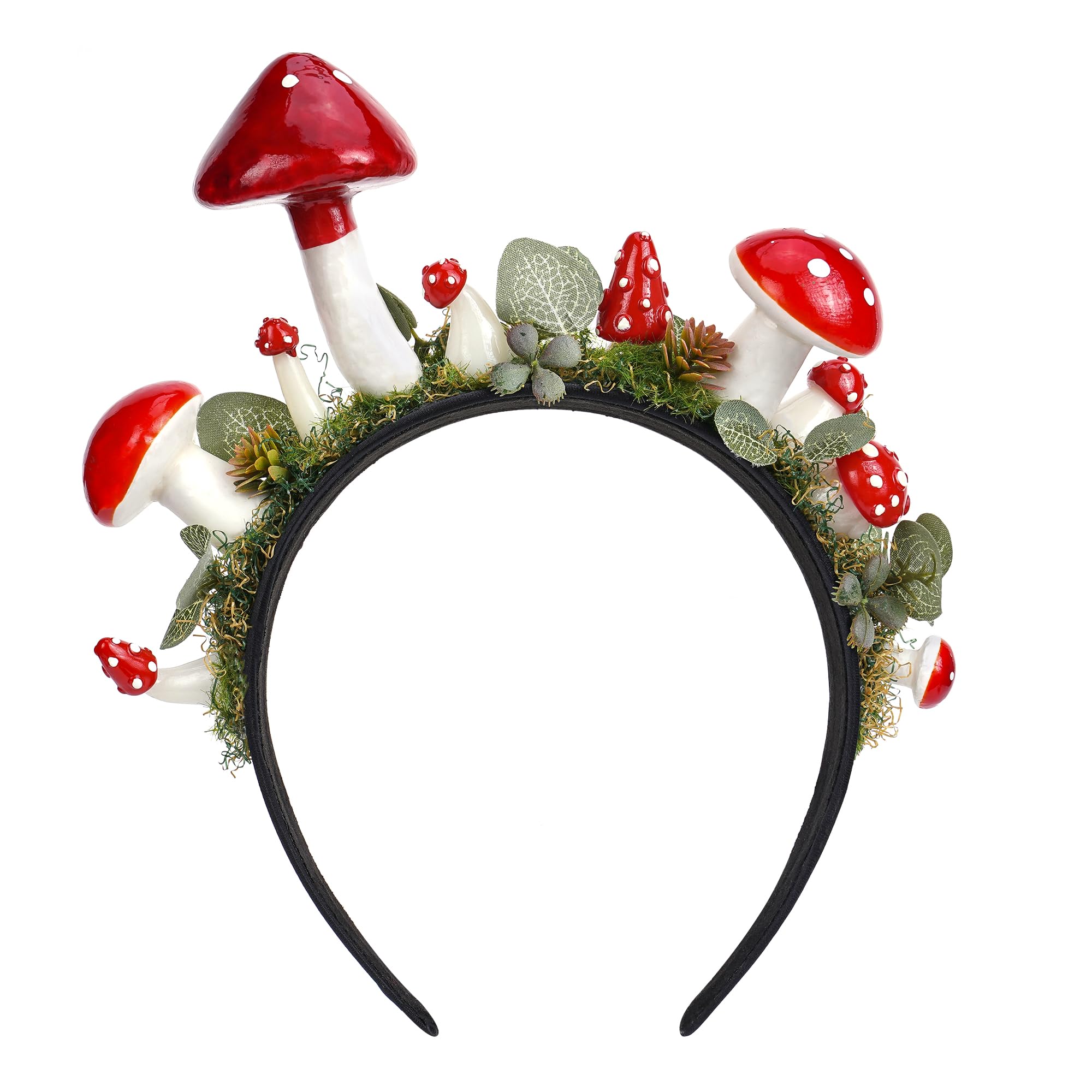 PartyforU Red Elf Mushroom Headband - Fairy Mushroom Crown with Green Moss for Women Renaissance Cosplay Accessories
