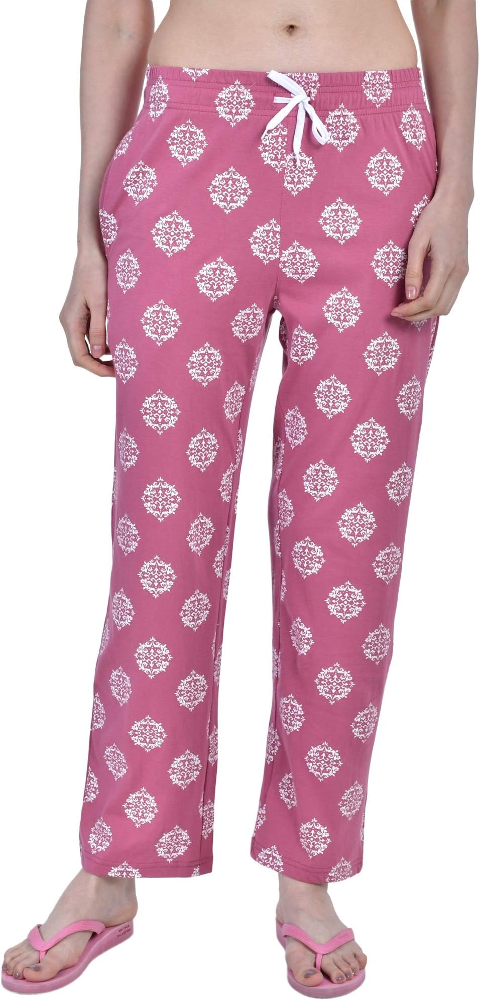Fflirtygo Nightwear Women Pyjama with Pockets and Rope, Night Dress, Lounge Wear, White Color Flower Printed Brown Color Pyjama,–Soft Cotton Ladies Track Pants for Women