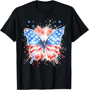 Patriotic Girls Women American Flag Butterfly Fourth of July T-Shirt