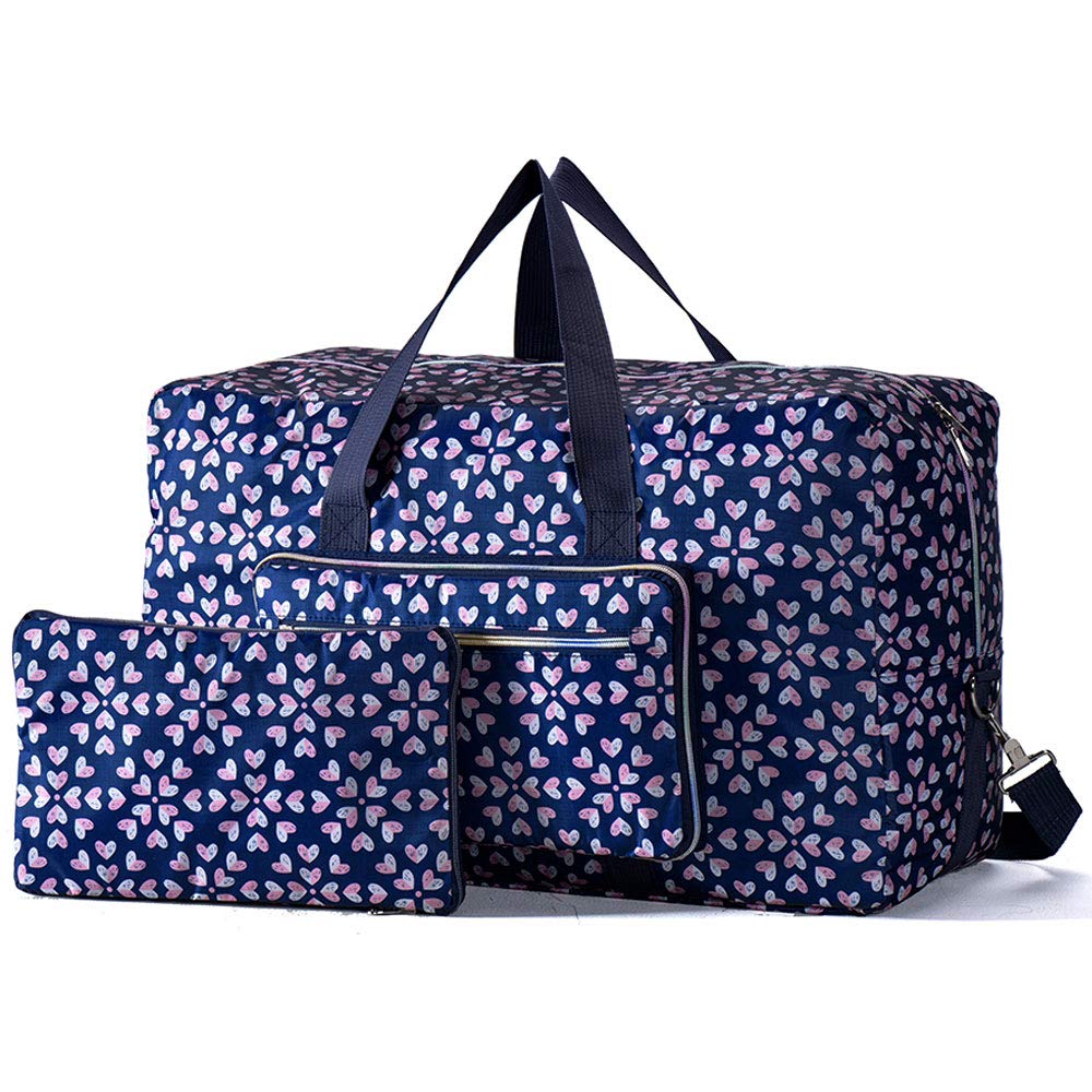 Arxus Large Foldable Duffel Tote Carry on Weekend Overnight Travel Bag Over Luggage with Shoulder Strap (Heart Flower)