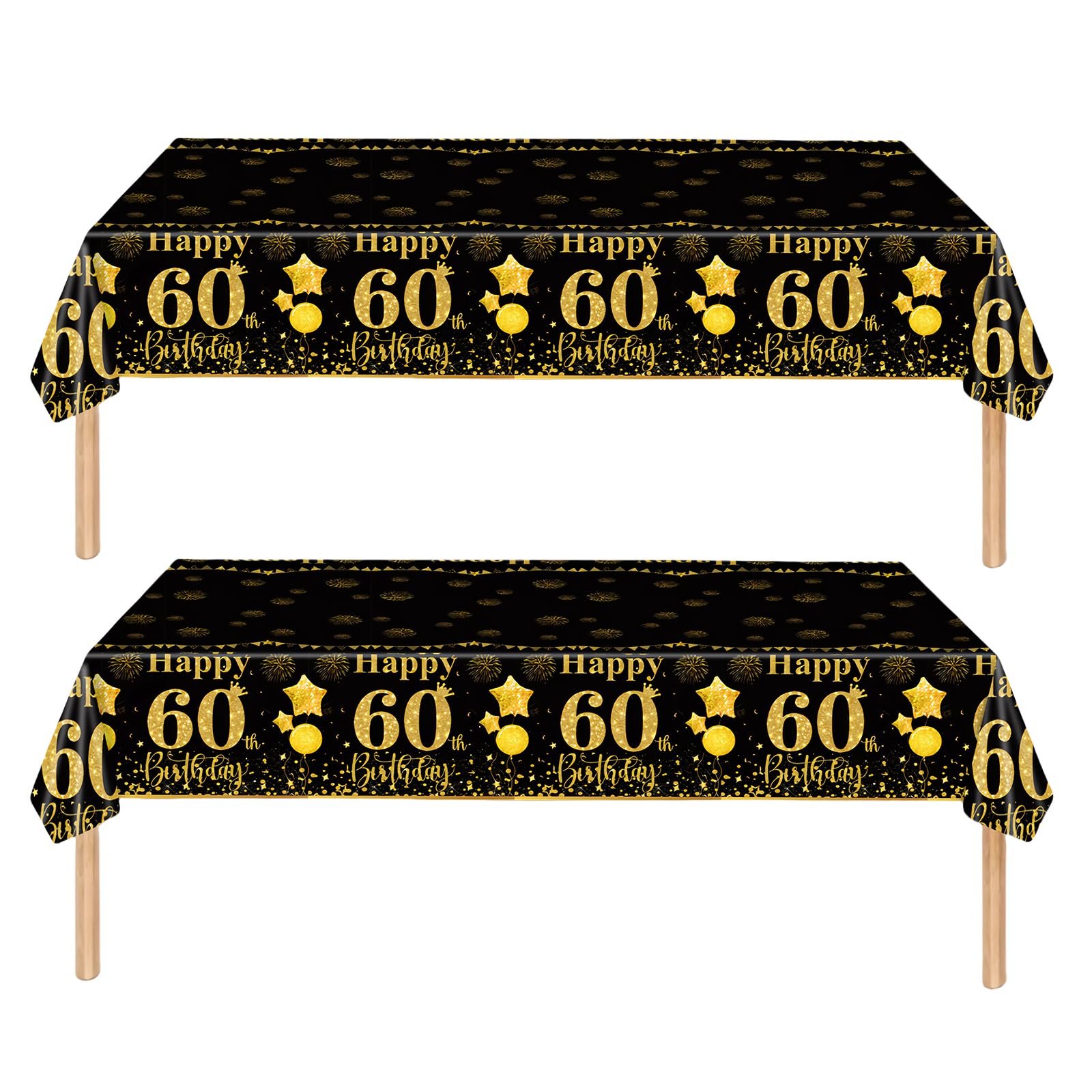 2pcs Black Gold Happy 60th Birthday Table Cloth Cover Party for Men,Women,Him,Her,137*274cm 60th Birthday Table Decorations,Rectangular Plastic Tablecloth for 60th Birthday Party Supplies Decorations