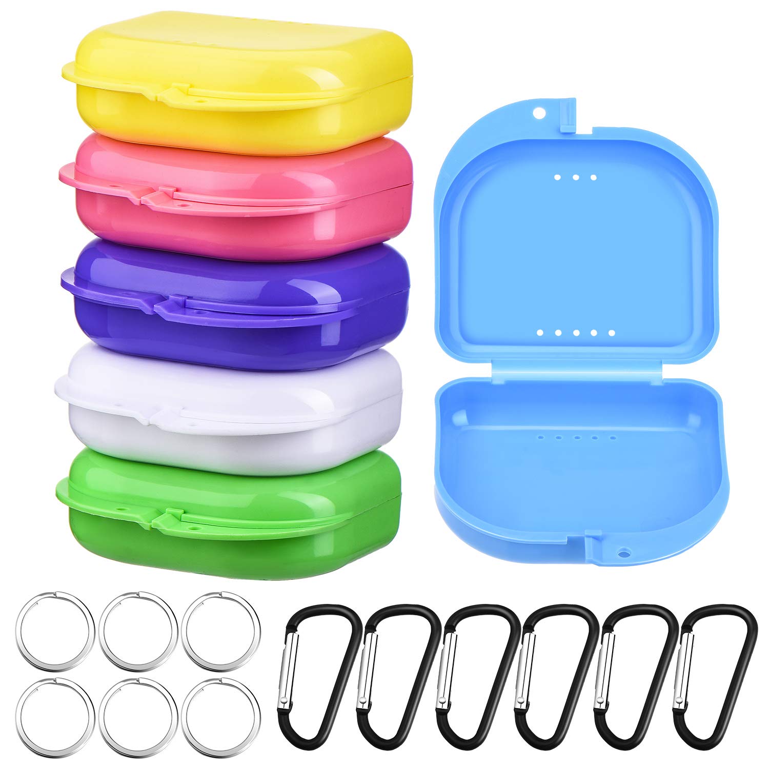 6 Pieces Retainer Cases Mouth Guard Container Case Multicolor Orthodontic Denture Storage Boxes with D-Shaped Buckles and Keychain Rings