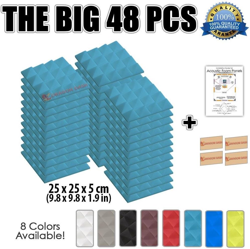 Arrowzoom 48 Acoustic Panels Pyramid Sound Absorbing Acoustic Treatment Tiles 25x25x5cm Recording Studio Noise Cancellation 26kg/m3 High Density Acoustical Dampening Fire Retardant 1034 BABY BLUE
