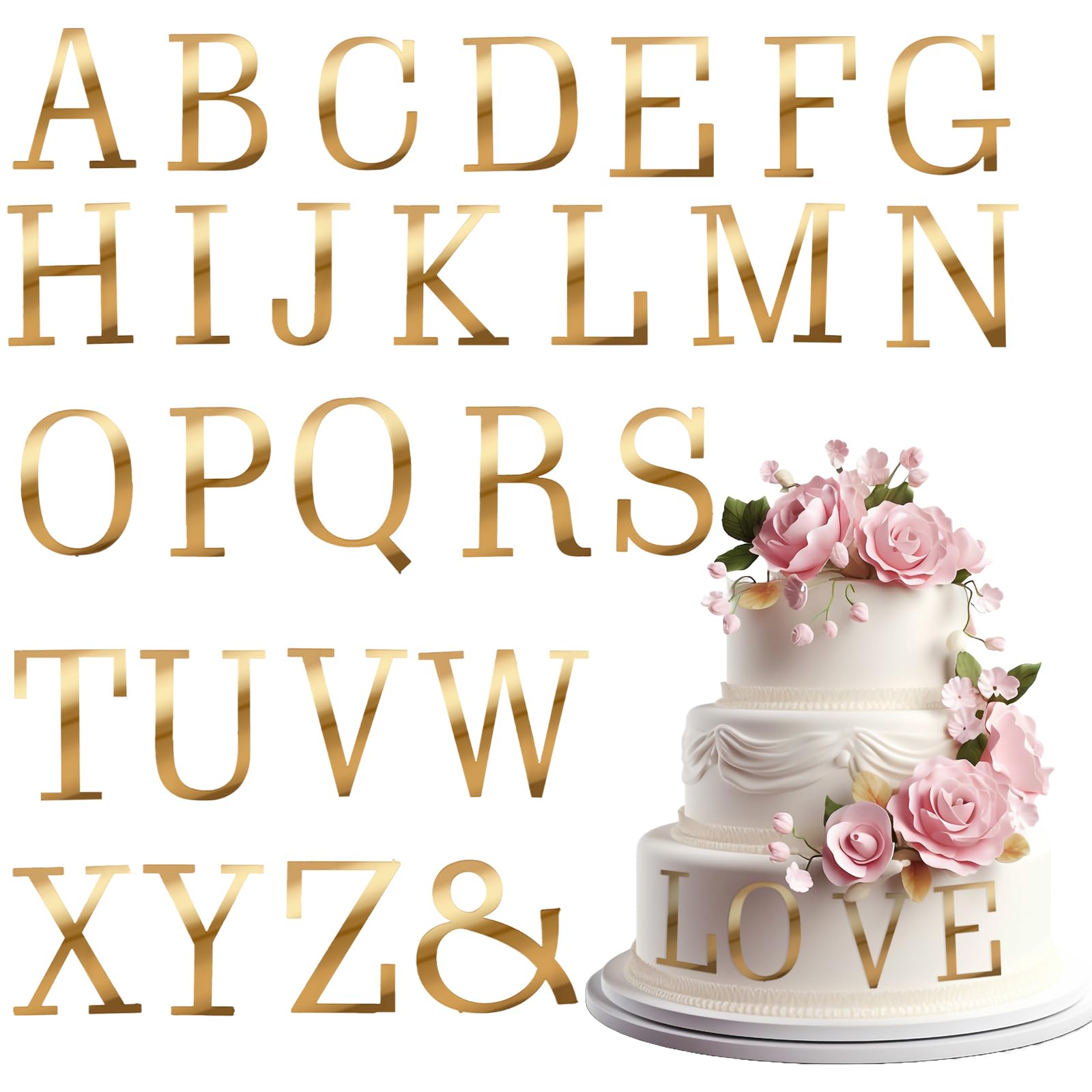 Photo 1 of 27 Pcs Acrylic Cake Toppers, Gold Cake Letters Topper, DIY Custom Cake Topper, Personalized A-Z Alphabet Decoration for Cake, Name Cupcake Toppers for Wedding Anniversary Baby Shower Birthday Party