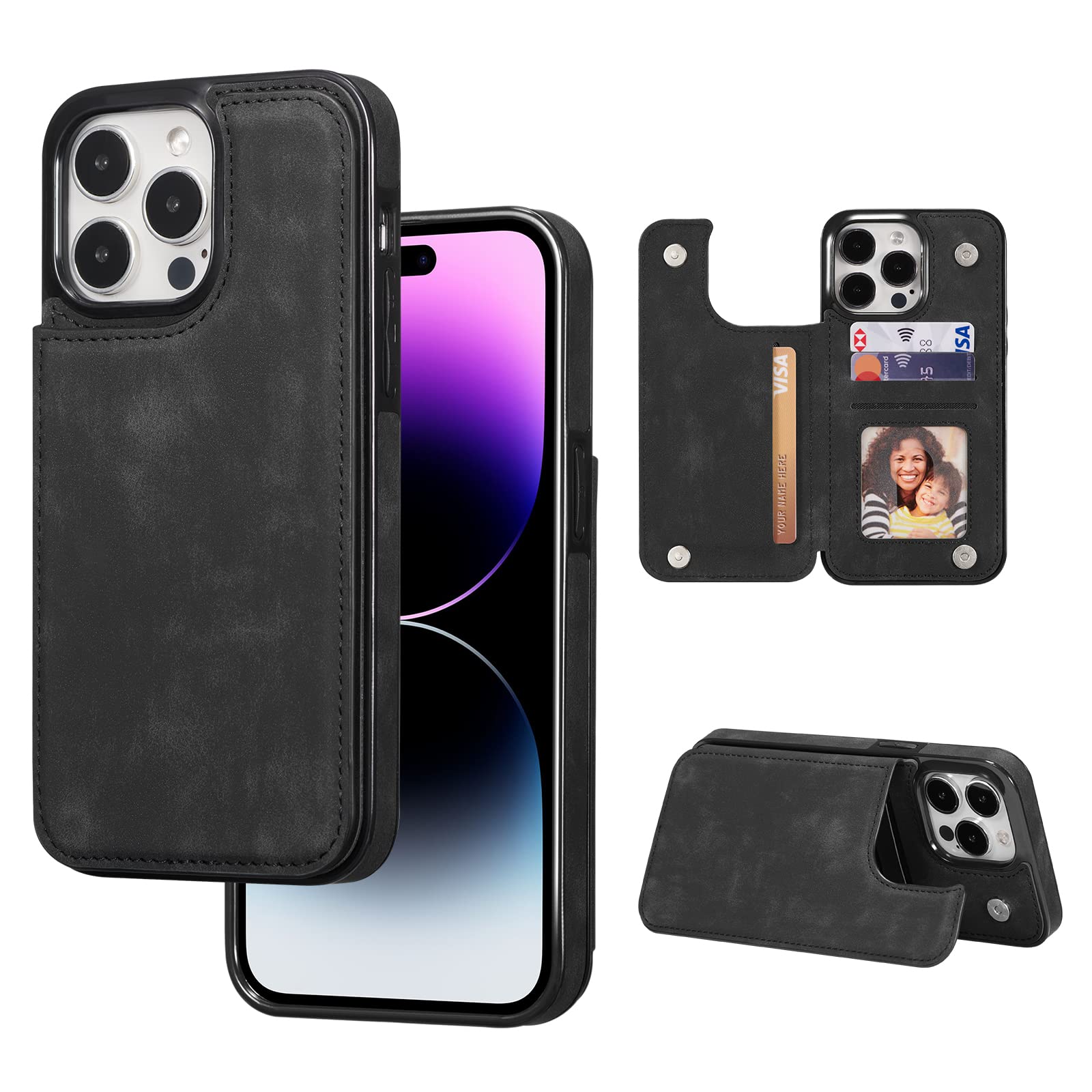 ZTOFERA Compatible with iPhone 14 Pro Max Phone Case, Premium PU Leather Flip Wallet Matte Back Case with Card Holder Magnetic Clasp Stand View Shockproof Soft TPU Back Cover, Black