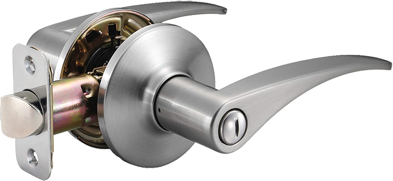 AmazonBasics Victory Door Lever With Lock, Privacy, Satin Nickel
