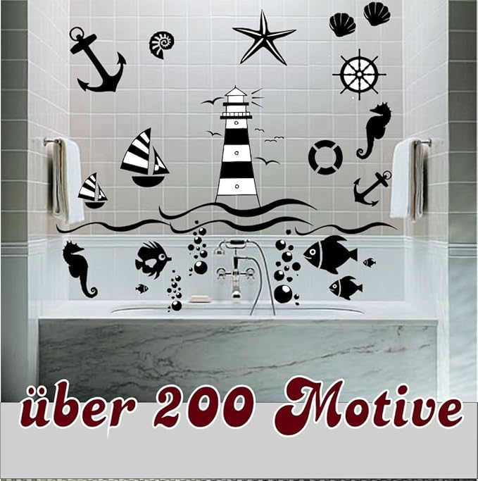 Hochwertiges Aufkleber Set 'Riesen Set über 200 Stk. 'Badezimmer Aufkleber' Wandtattoo Fliesentattoo im Mix Nautic Sticker Fi