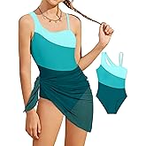 CRISONE Girl's One Piece Swimsuits Color Block Cutout One Shoulder Bathing Suit with Mesh Cover Up 1 Piece Swimsuit Swimwear