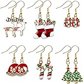 Caviquen 6 Pairs Christmas Earrings, Xmas Dangle Earrings Christmas Stud for Women Christmas Reindeer Stocking Gift Tree Hat Crutches Cute Jewelry Festival Party Supplies