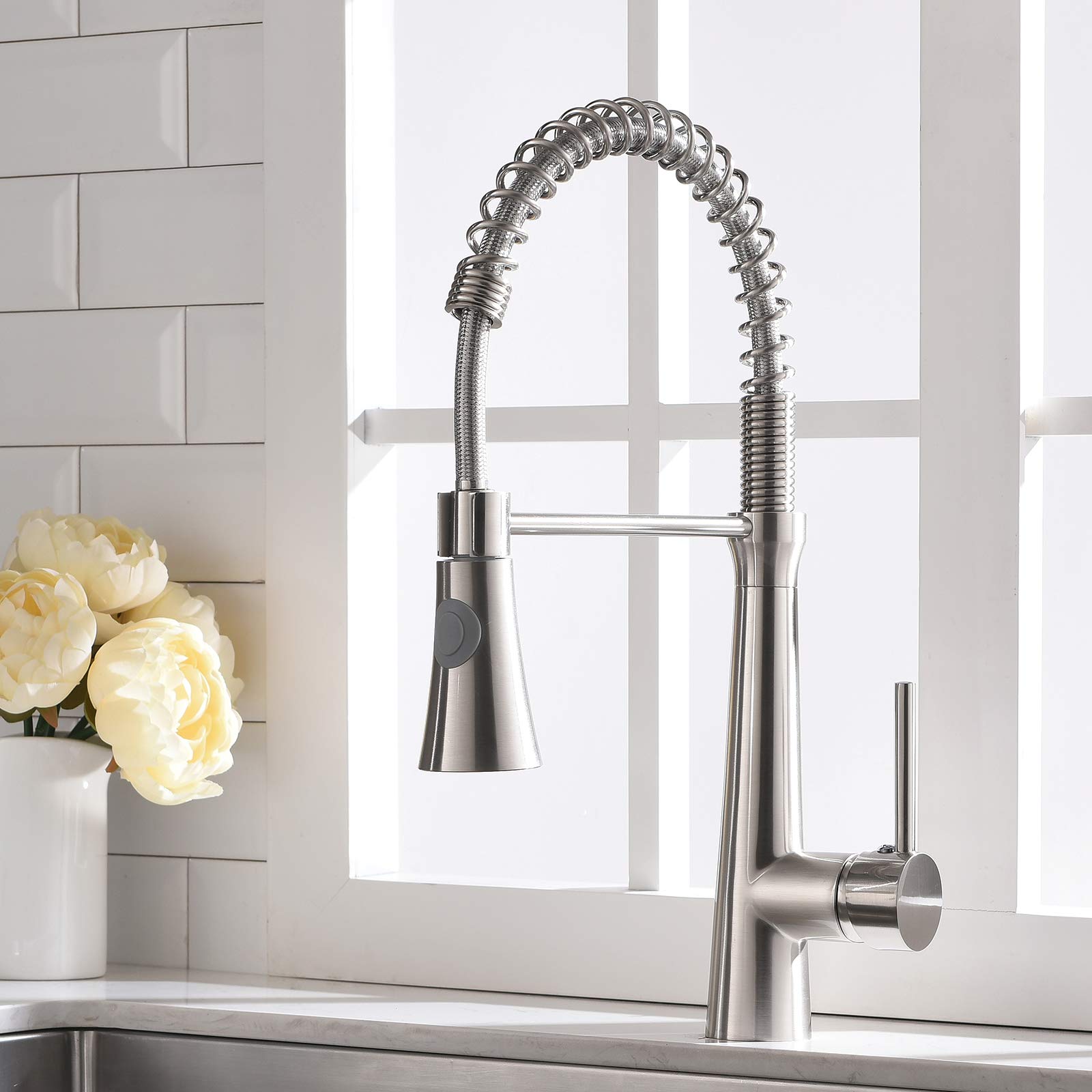TIMACO Kitchen Faucet, 360° Swivel, Dual Rinsing Spray, Brass, Brushed Nickel, Metallic Silver