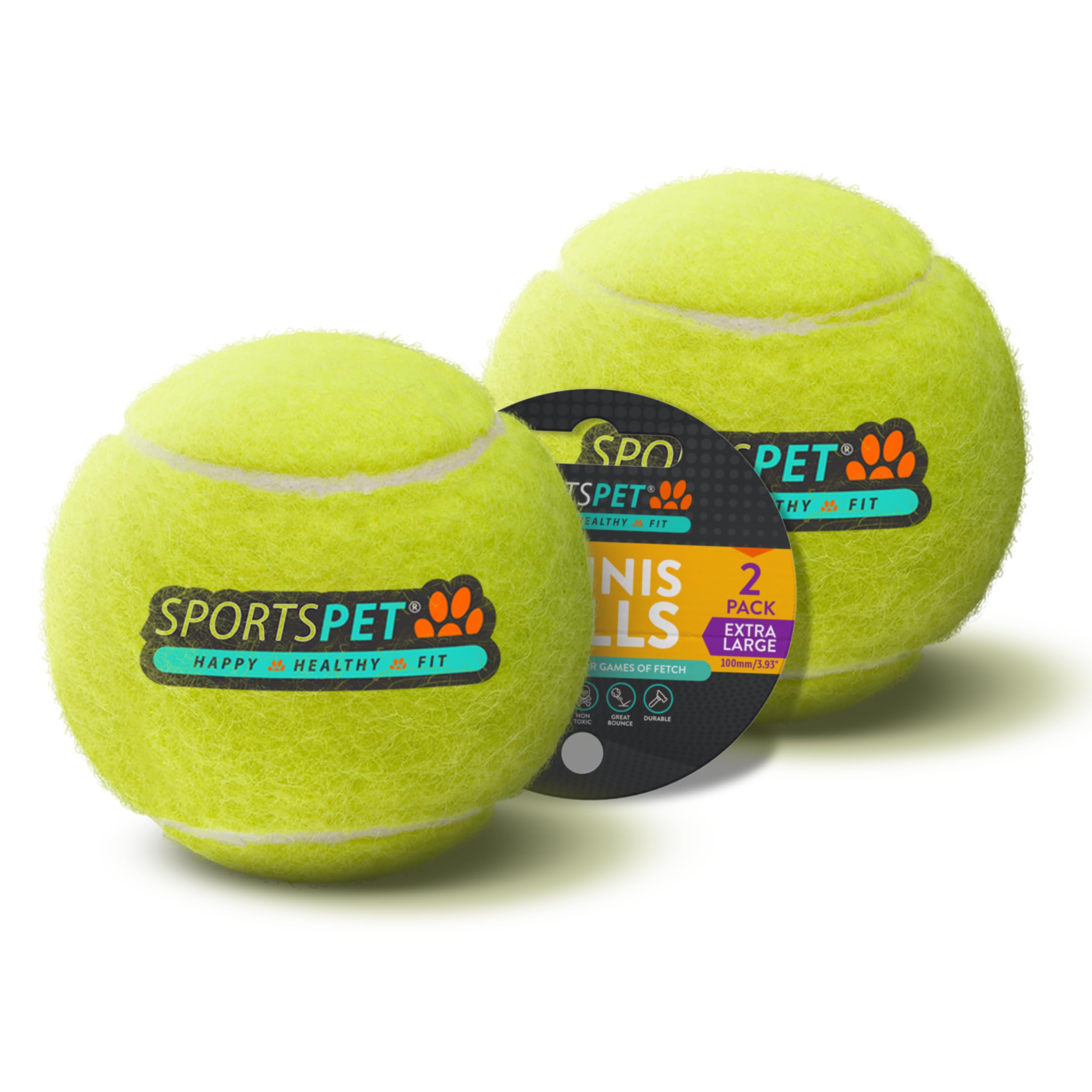 SPORTSPET XL Tennis Balls for Dogs - Extra Bouncy - Non Toxic - Durable - Long Lasting - Floats (Tennis Balls XL 2 Pack (4inch)