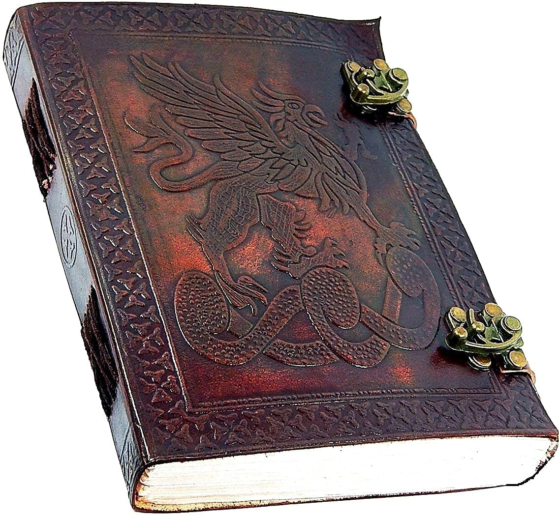 MONTEXOO Dragon Leather Journal Dungeons Dragonette Lined Diary Sketchook Notebook with Lock for Men Women Dnd Travel Bullet Handmade Vintage Old Antique Writing Large Old Brown 8 Inch (lined)
