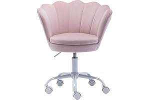 DM Furniture Adjustable Kids Desk Chair Cute Reading Computer Chair for Students Modern Upholstered Velvet Swivel Rolling Armchair for Girls Bedroom, Seashell Back (Light Pink)