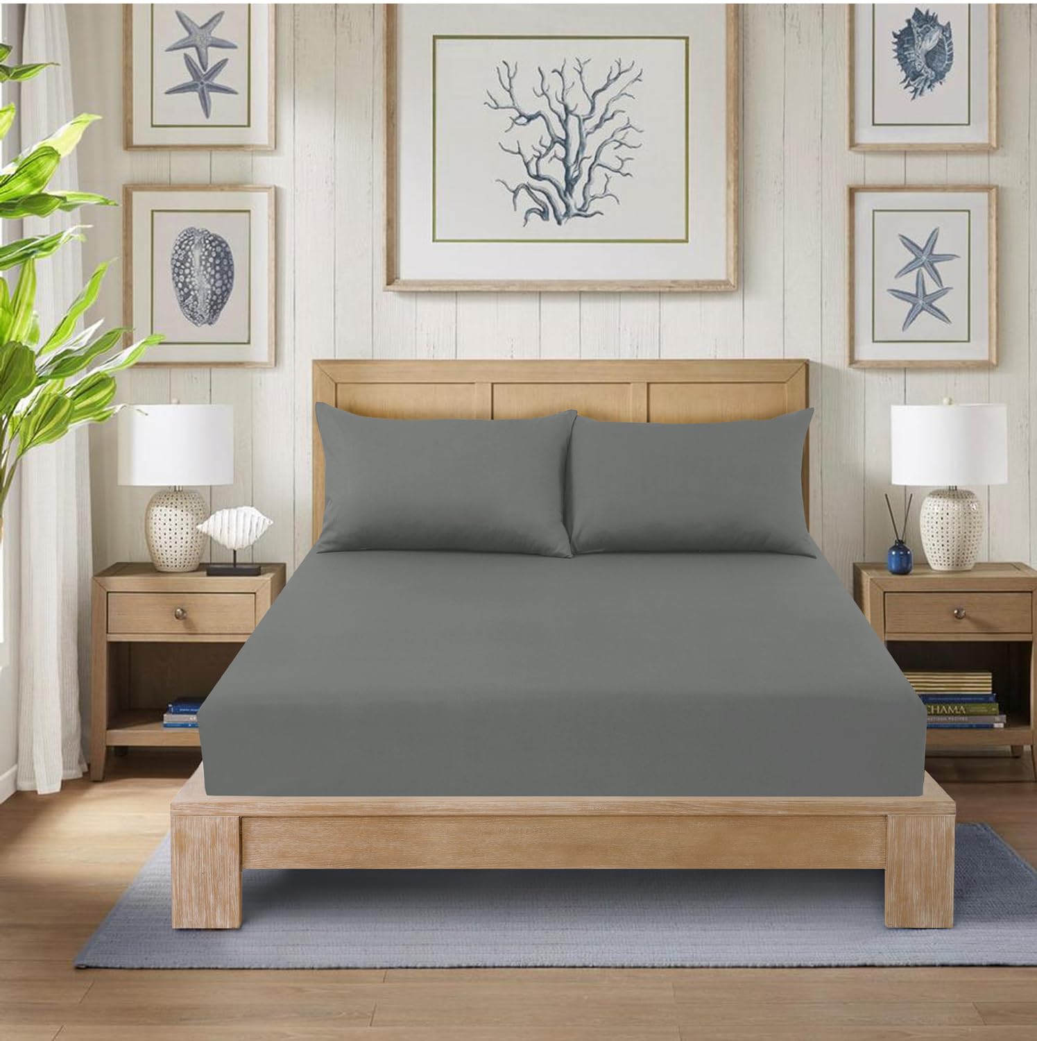 CHARKHAH Polycotton Fitted Sheet for Single Double King Super King Bed 200 Thread Count Anti Wrinkle Plain Bedding 25 cm Extra Deep Fitted Sheets Cover with Elastic Edges (Grey, Single)