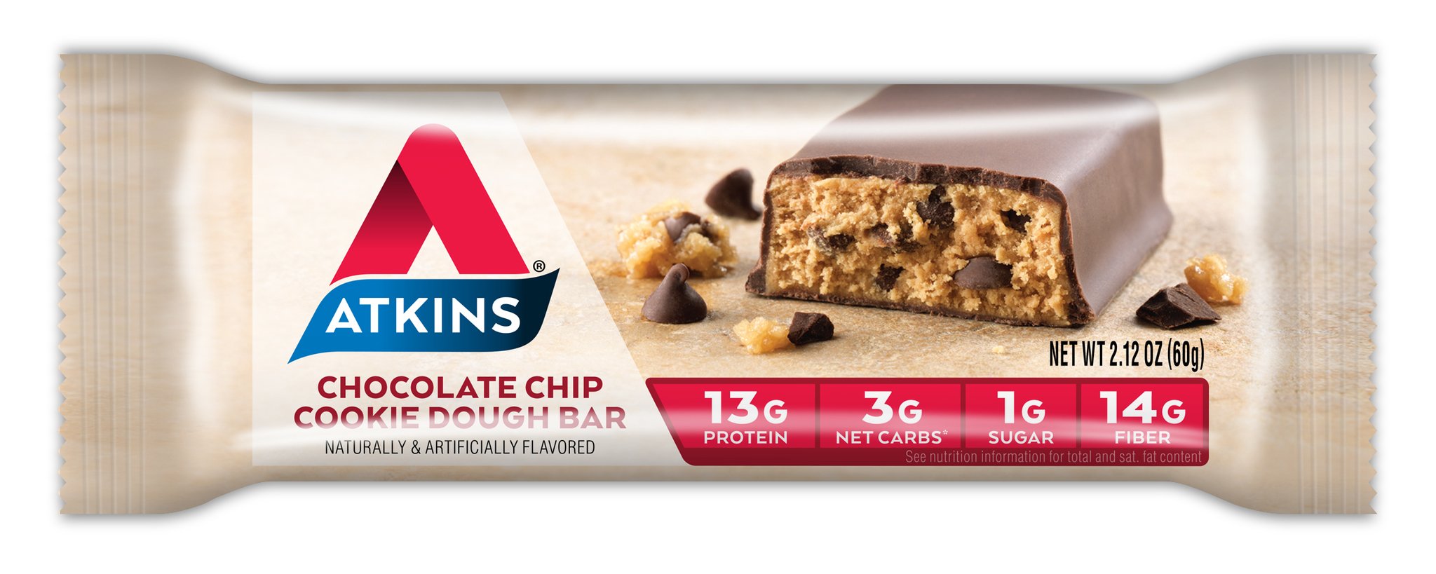 Atkins Chocolate Chip Cookie Dough Protein Meal Bar, High Fiber, 1g Sugar, 3g Net Carbs, Meal Replacement, 5 Count (Pack of 6)