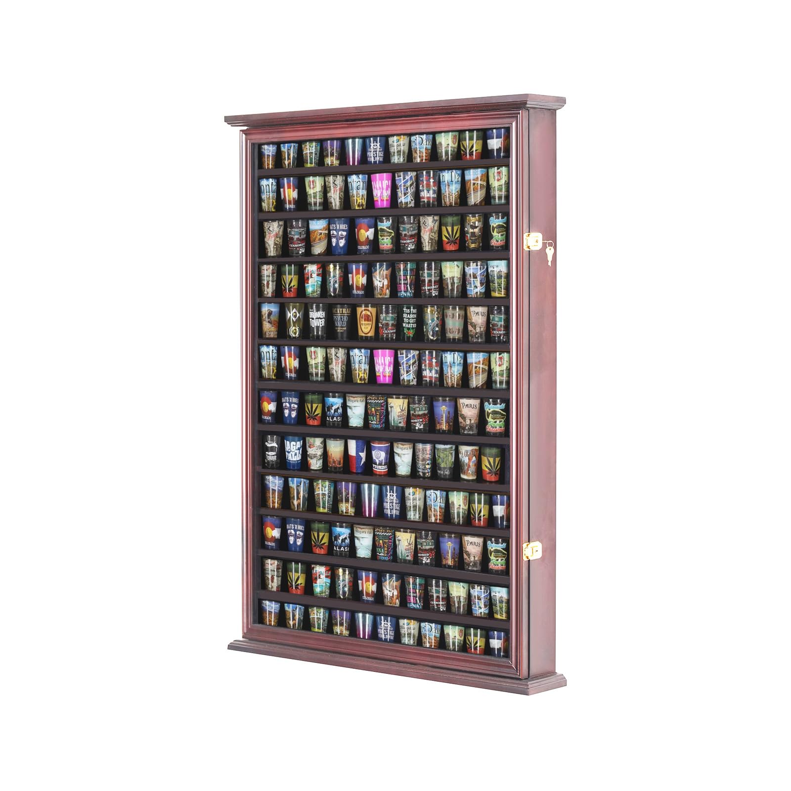 Photo 1 of 144 Shot Glass Display Case - Large Wall-Mounted Shadow Box with UV Protection, Perfect for Home Decor | Wall-Mounted Cabinet Curio Shadow Box for Action Figures Small Figurines Rack Lockable Door