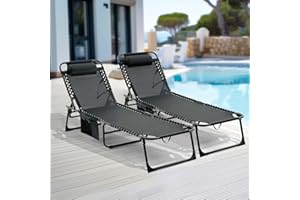 Unovivy Set of 2 Outdoor Lounge Chairs Fold TanningChair 4-Level Adjustable, Portable Pool LoungeChair with Headrest&SidePocket, Black