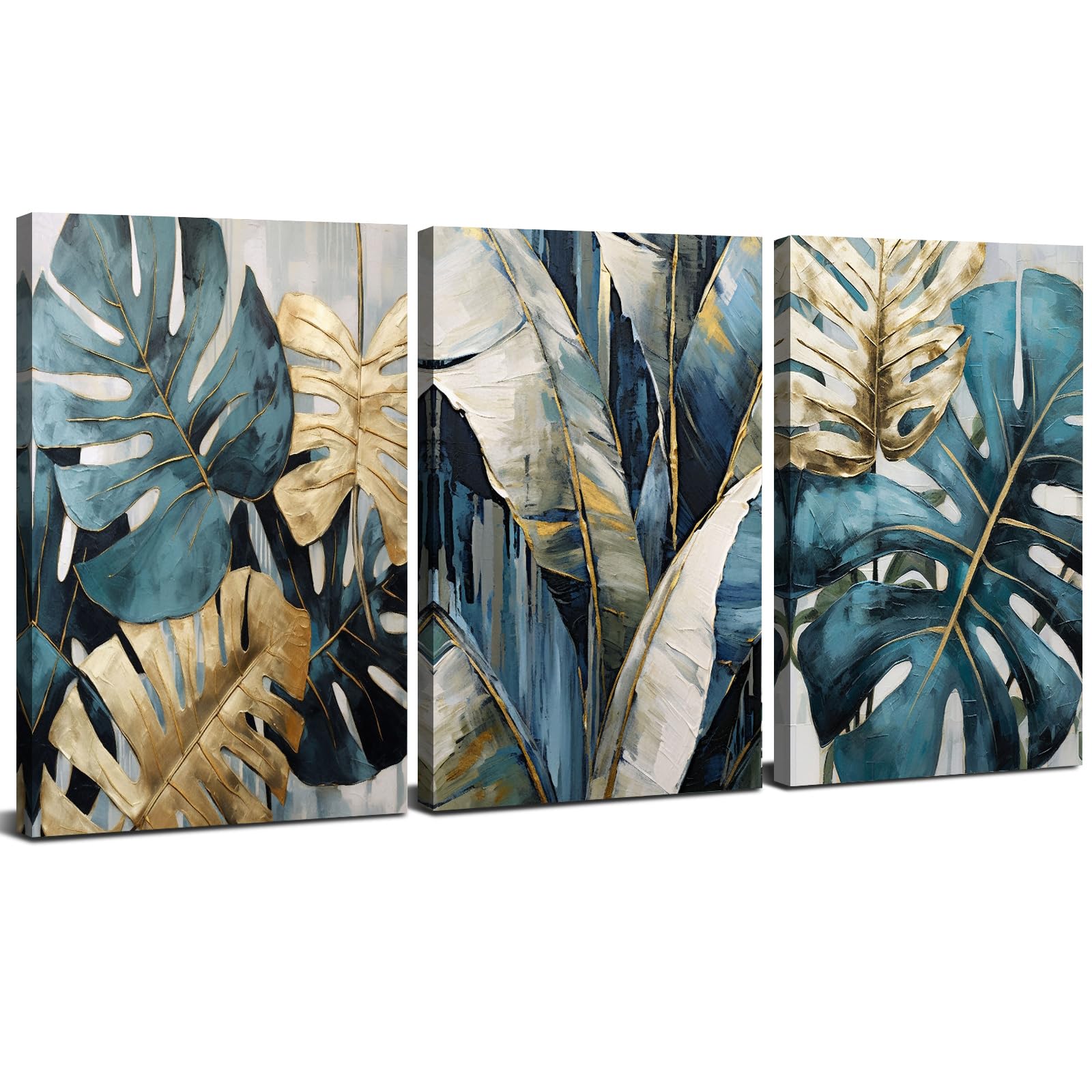 Abstract Set of 3 Wall Art Gold Wall Decor Botanical Prints Boho Wall Art Teal Green Leaf Pictures Turquoise Tropical Leaves Plants Paintings Modern Living Room Bathroom Home Decorations 30x40cm