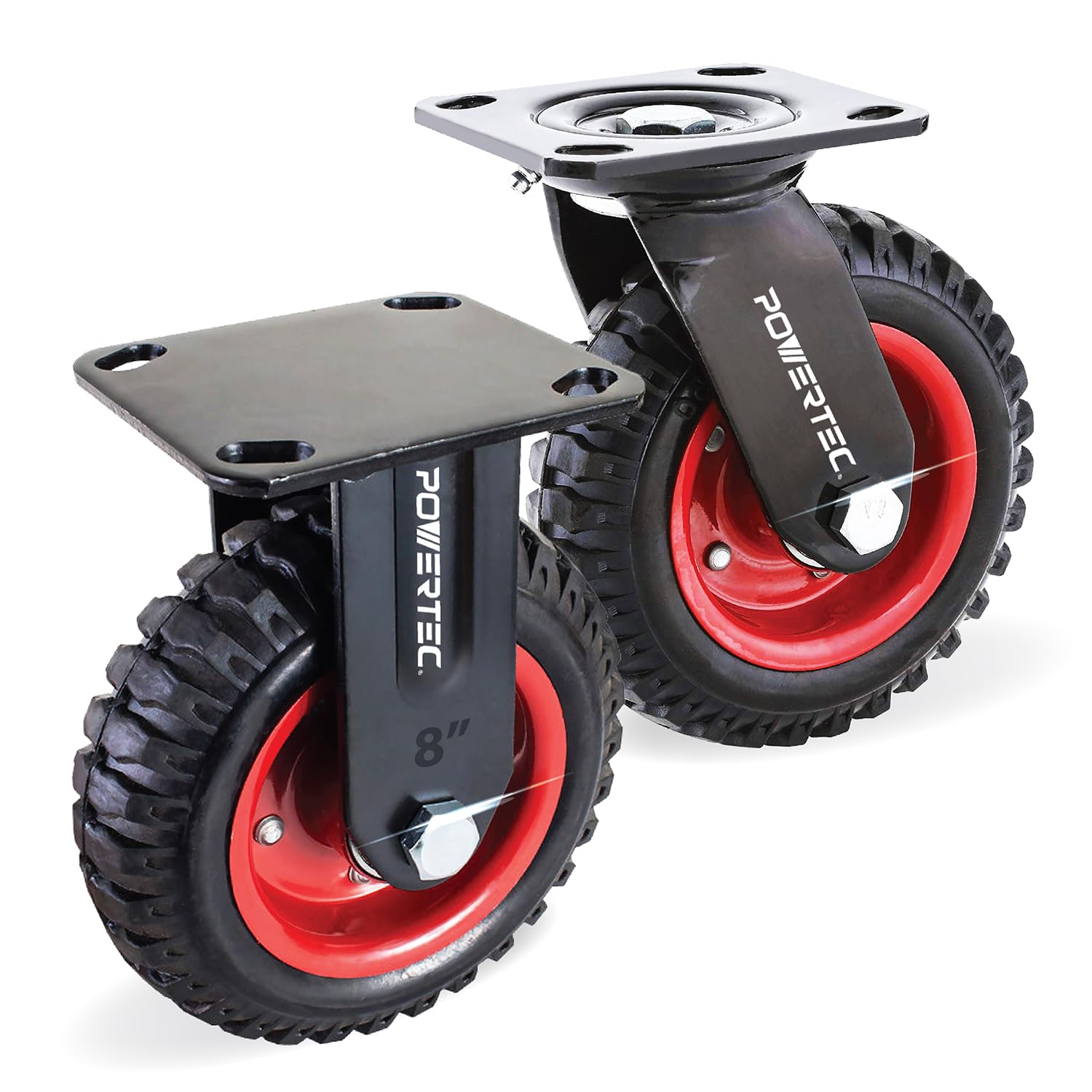 POWERTEC 8 Inch Caster Wheels Set of 2 (1 Swivel & 1 Fixed), Heavy Duty Casters w/Rubber Knobby Tread for Workbench, Dolly, Cart, Trolley, Wagon and Chicken Coop, Large Rubber Castor Wheels (17057) Image