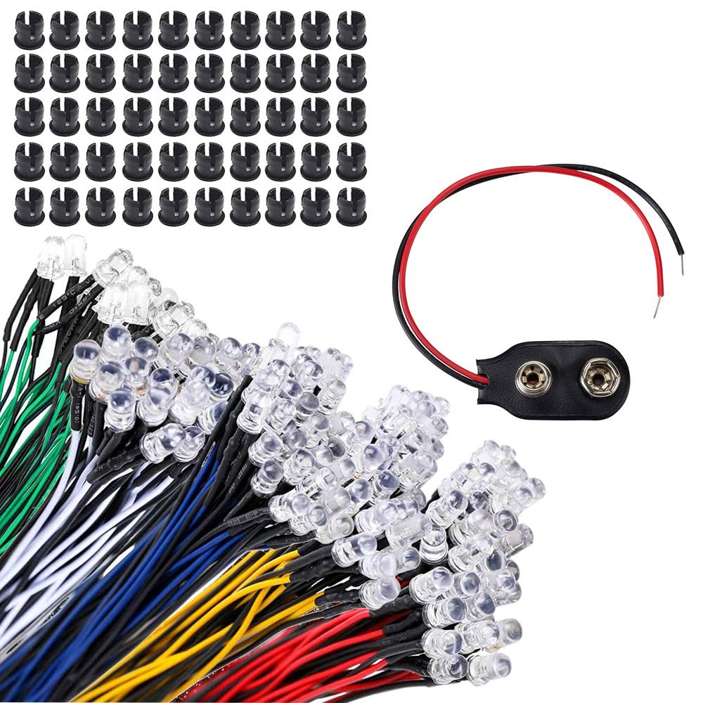 GTIWUNG 50Pcs LED Diodes Light Ultra Bright 12V 20cm Pre Wired + 50Pcs 5mm Plastic LED Holder LED Light Mounting Holders + 9V Battery Holder Clip Cable, for Toy Lighting to add a Festive Atmosphere