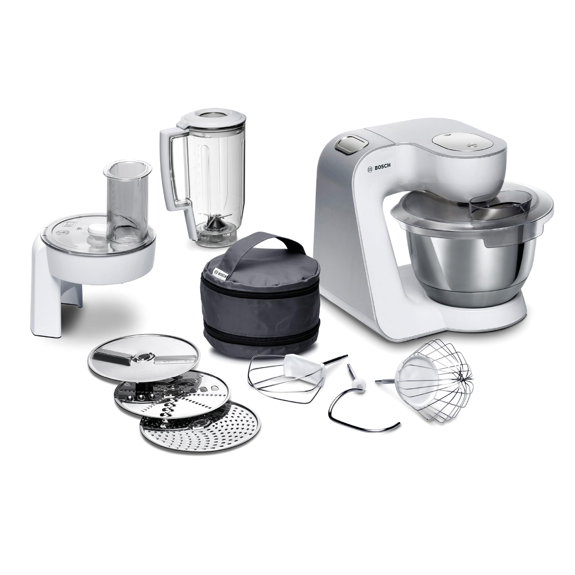 Bosch Küchenmaschine Serie 4, Edelstahl-Schüssel 3,9 L, Knethaken, Schlag- und Rührbesen Edelstahl spülmaschinenfest, Mixer 1,25 L, Durchlaufschnitzler, 3 Scheiben, 1000 W, Weiß, MUM58W20