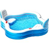 QPAU Inflatable Pool with 2 Seats and Backrests, 80 x 80 x 16.5 in | Full Size Family Swimming Pool for Kids and Adults, for Backyard, Garden and Outdoor Use, Clear Blue
