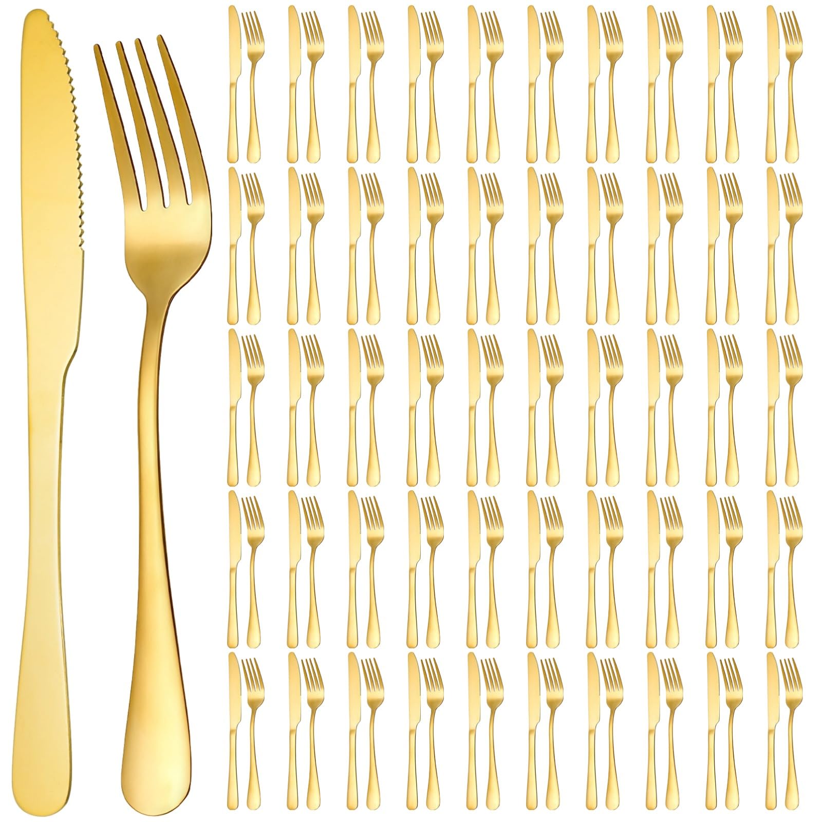 Photo 1 of 100 Pcs Gold Silverware Set - Includes 50 Forks and 50 Knives - Stainless Steel Forks and Knives Flatware Tableware Cutlery Set for Wedding Dinner Party Restaurant Holiday Party