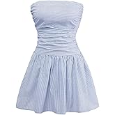 WDIRARA Women's Striped Strapless Fit and Flare Tube Top Dress Y2K Ruched Shirred Ruffle Mini Dresses