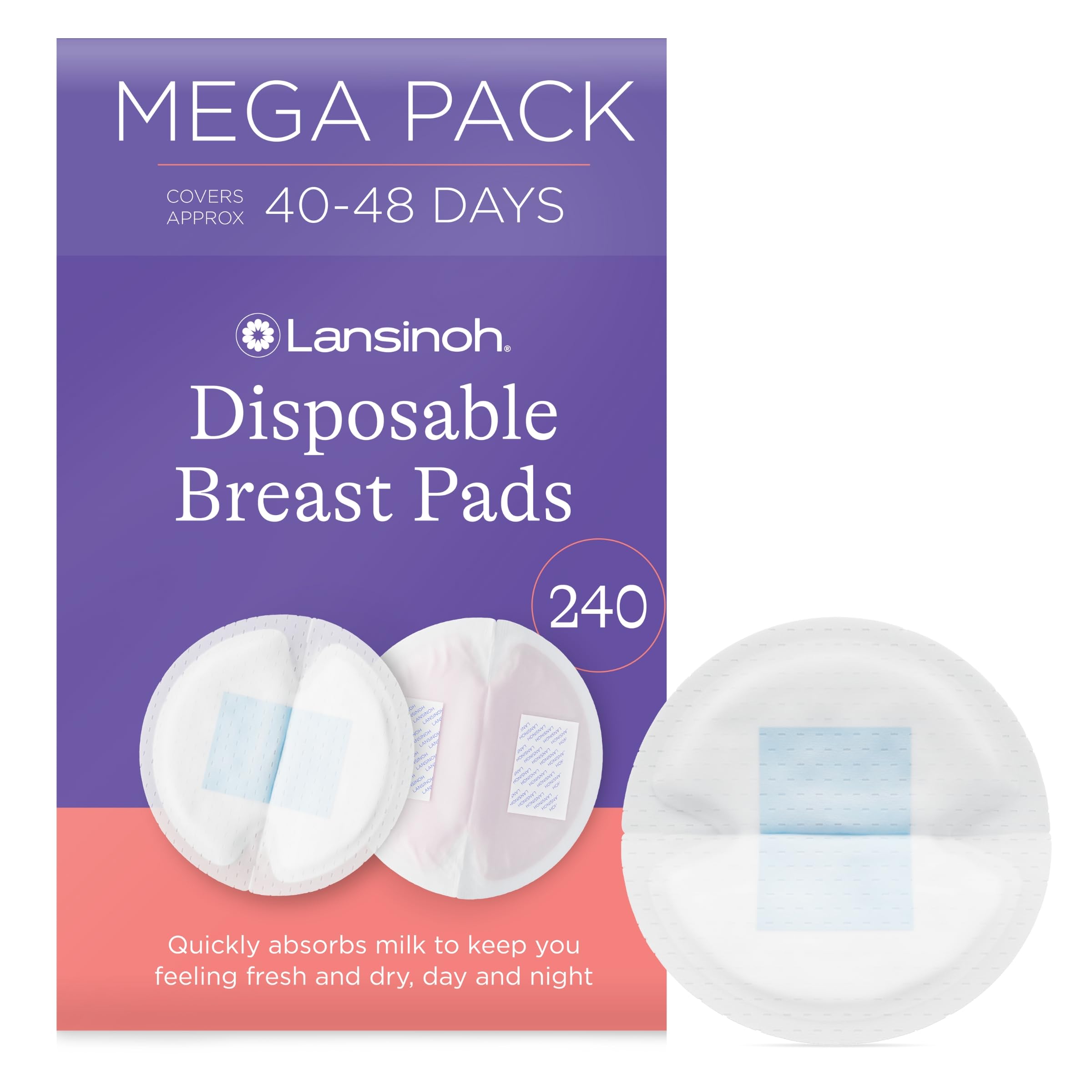Lansinoh Breast Pads Maternity - Disposable & Absorbent Nursing Pads with BlueLock™ Leak-Proof Protection - Ultra-Thin & Holds 20x Weight - Individually Wrapped - Breastfeeding Essentials - 240 Pack
