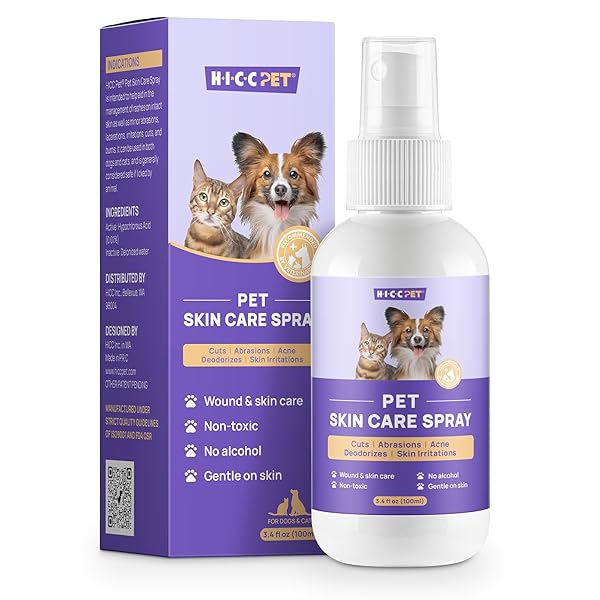 HICC PET HOT SPOT ITCH RELIEF SPRAY FOR DOGS, CATS – PET TREATMENT SPRAY FOR ITCHY, IRRITATED SKIN, ALLERGY, RASHES – LICK SAFE AND PAINLESS WOUND CARE SPRAY FOR ALL ANIMALS (3.4 FL OZ)