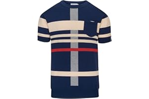 OXKnit Men's Knit T-Shirt Short Sleeve, 1960s Vintage Stripes Dark Blue Shirt Crewneck Tops Summer Knitwear with Pocket