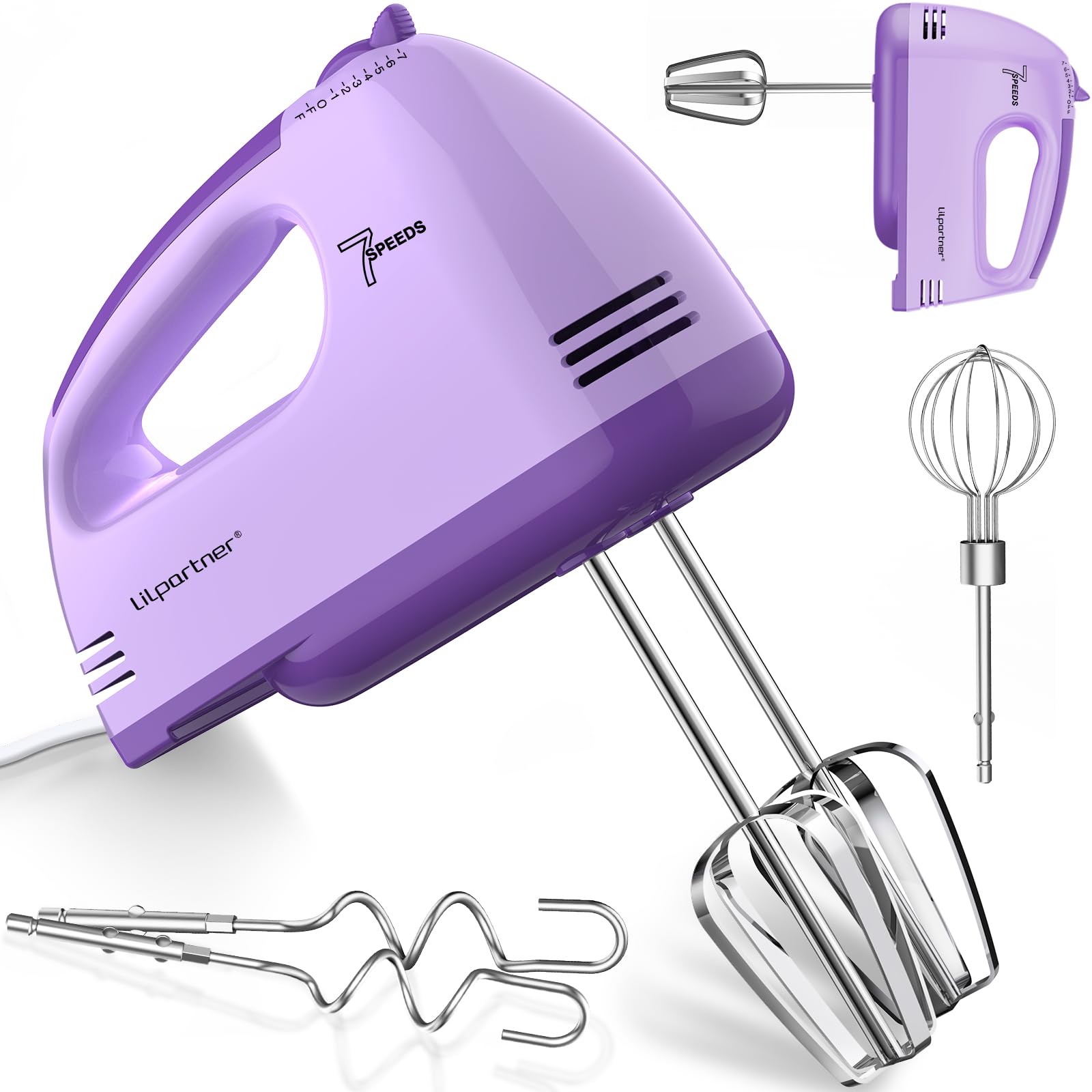 Photo 1 of ***missing attachment** LILPARTNER Hand Mixer Electric, Small Food Mixer 7 Speeds Handheld Blender,304 *(1* Whisk, 2* Beater, 2*Dough Hook) Kitchen Blender for Cream, Cookies, Dishwasher Safe, Purple