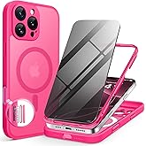 BERFY Magnetic for iPhone 16 Pro Max Case, Compatible with MagSafe, with Privacy Screen Protector, [Upgraded Camera Protection], 2-Layer Bumper Full Body Translucent Matte Phone Case 6.9", Red