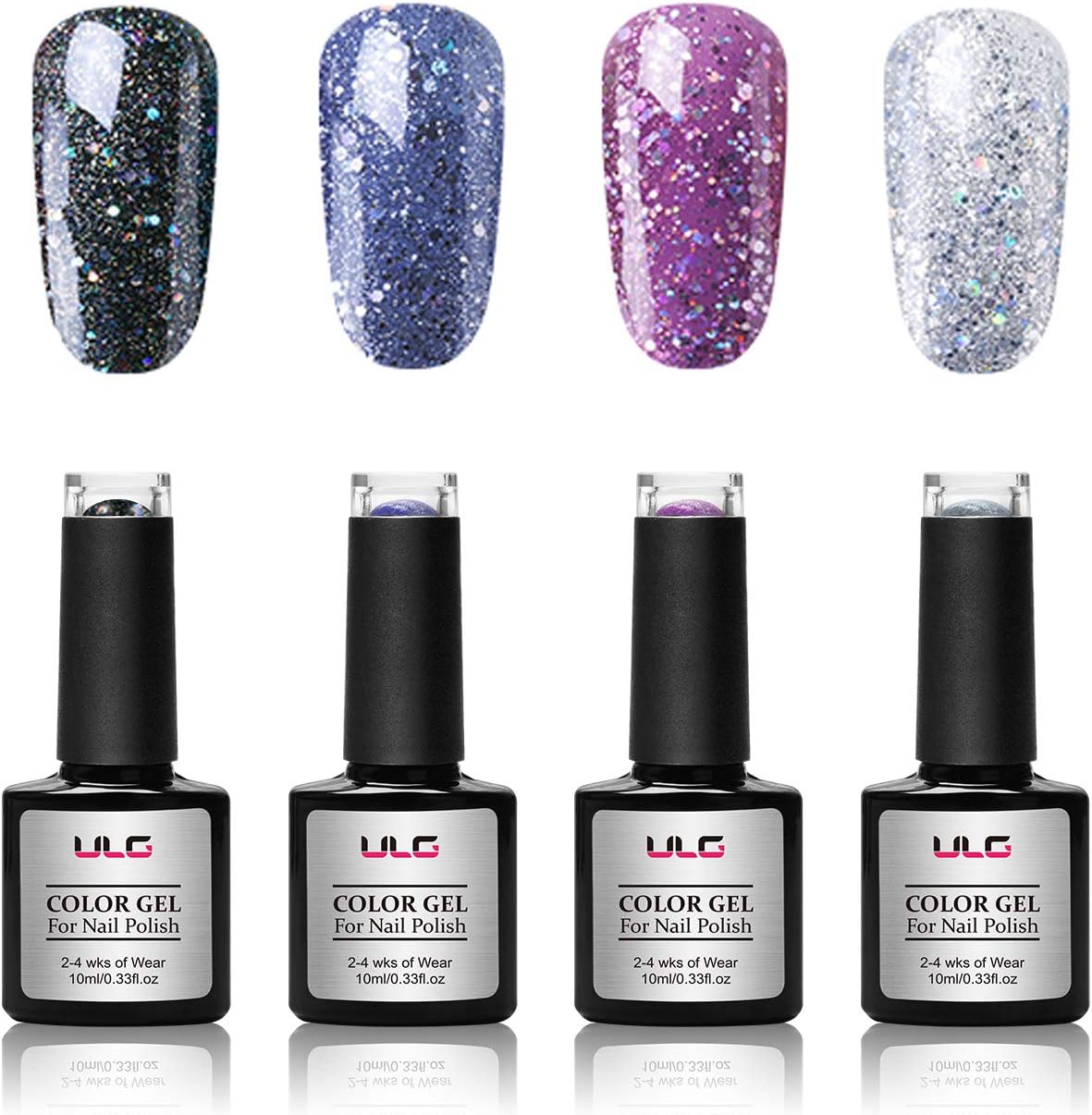 ULG Feminine Gel Polish Set Glitters Series 4 Brilliant Colors Black,Blue,Purple,White