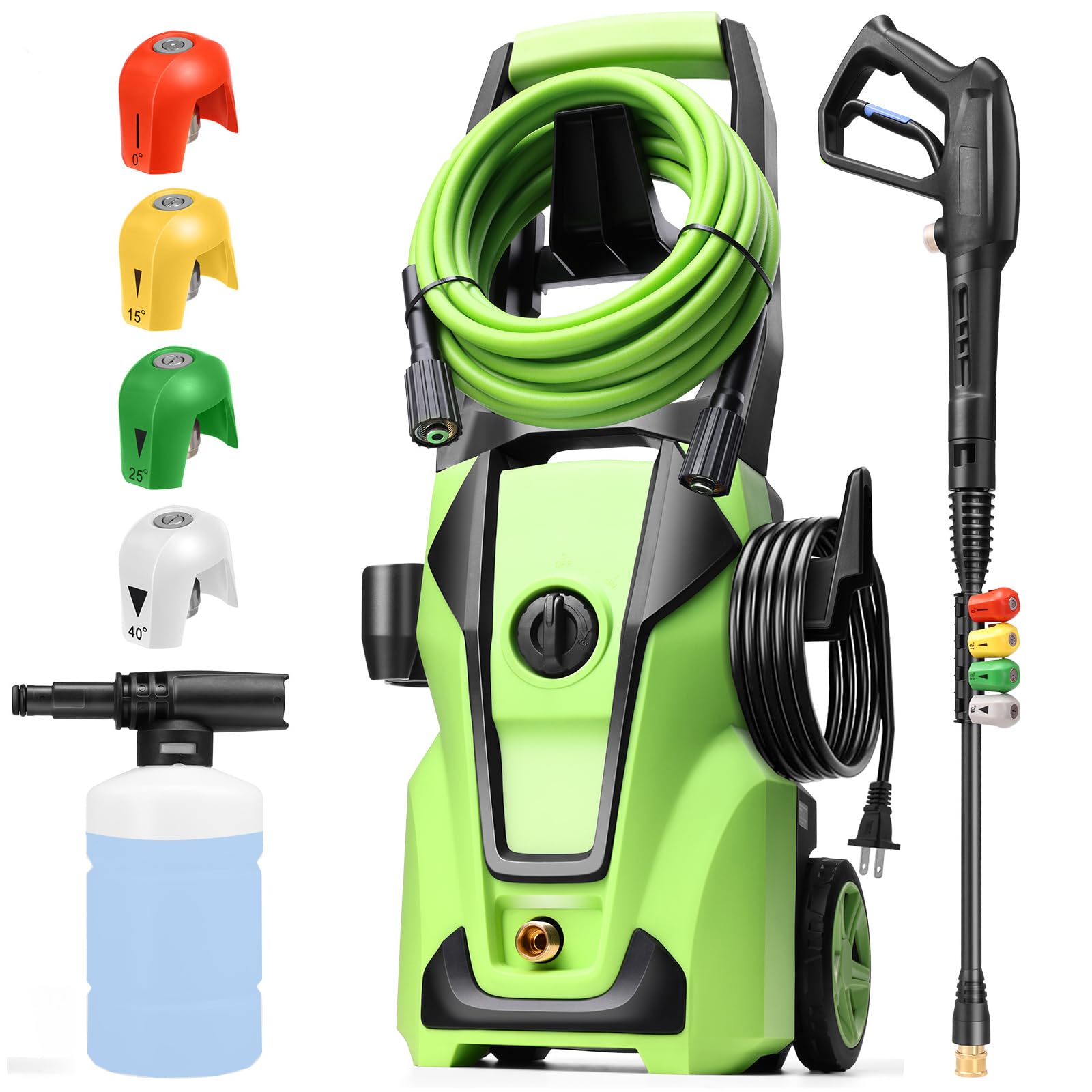 Professional Pressure Cleaner, 5000PSI Power Cleaner with Foam Cannon,4 Nozzles,33FT Hose and Soap Bottle, Car/Driveway/Patio Clean,Green