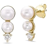 Lavari Jewelers 1/8 Carat Lab Grown Diamond and Freshwater Pearl Drop Earrings for Women - 18k Yellow Gold Plated 925 Sterling Silver Pearl Stud Earrings for Her - Hypoallergenic Push Back Studs