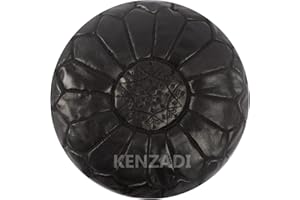 KENZADI Genuine Leather Ottoman Pouf Cover Hand Stitched in Marrakech by Moroccan Artisans, Footstool, UNSTUFFED (Black by Black)