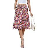 KUOTAI Women's Flowy Skirt Midi Length High Waist A-Line Skirts with Pockets Flared Below The Knee Skirts