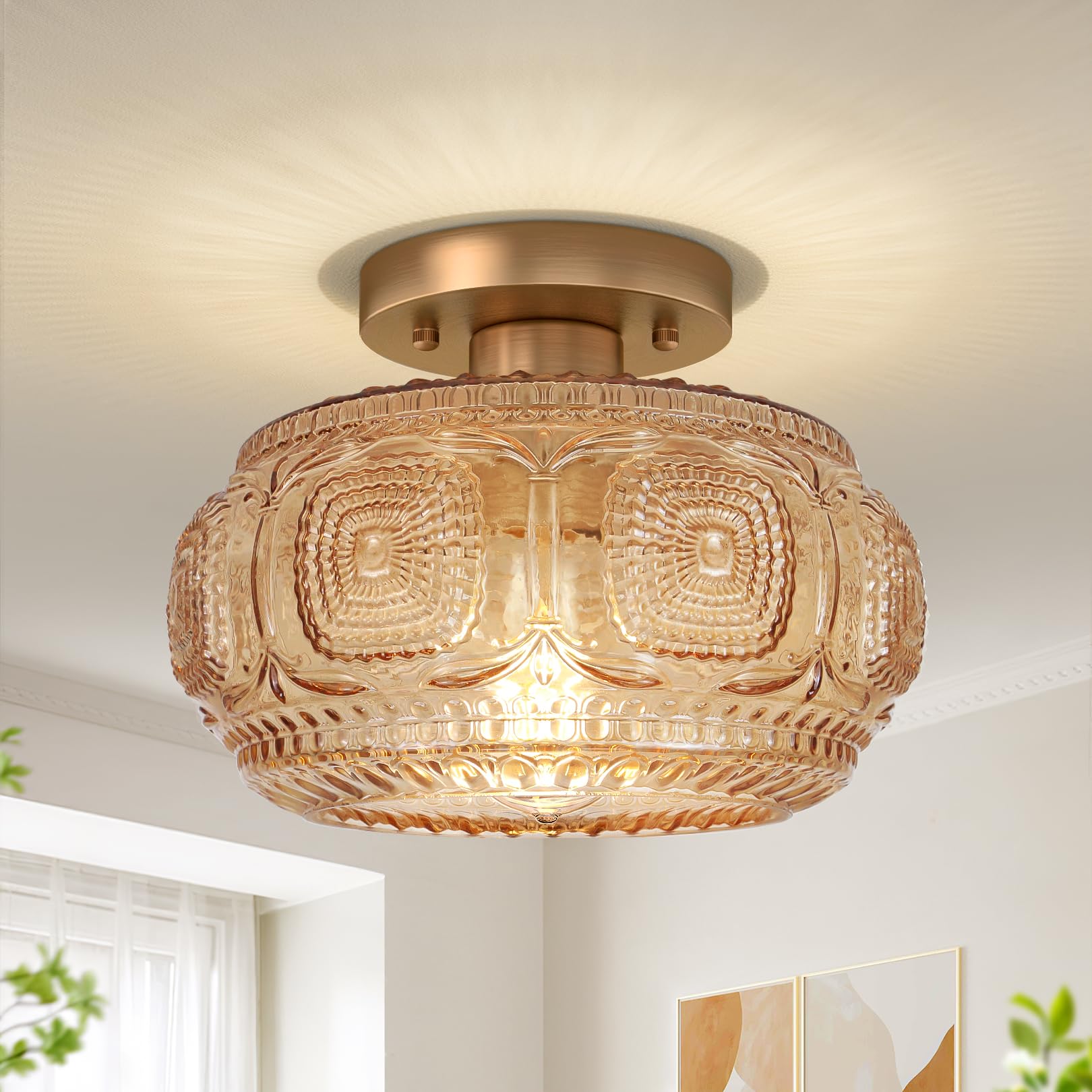 Photo 1 of OYKYOHEI Semi Flush Mount Ceiling Light, Amber Globe Glass Ceiling Light Fixture, Art Deco Kitchen Lighting fixtures Ceiling for Hallway Porch Corridor Bedroom, Bulb Not Included