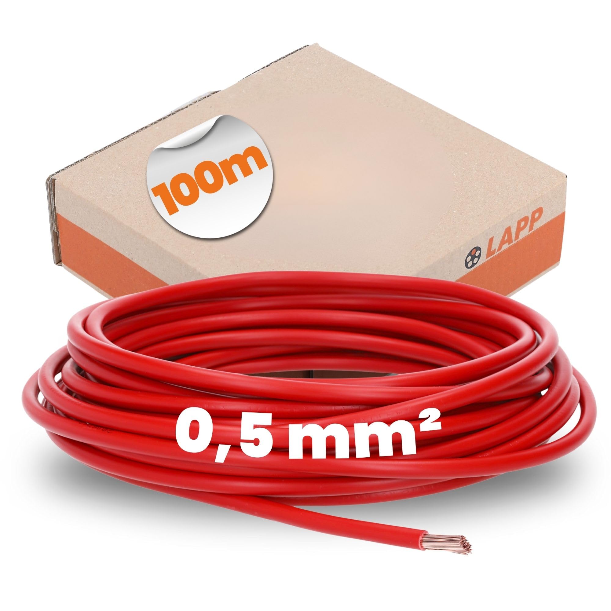 Lapp WIRE H05V-K 0.5MM 100M Red, Fine-stranded Copper, Rated Voltage 300/500V, 2.1mm Outer Diameter