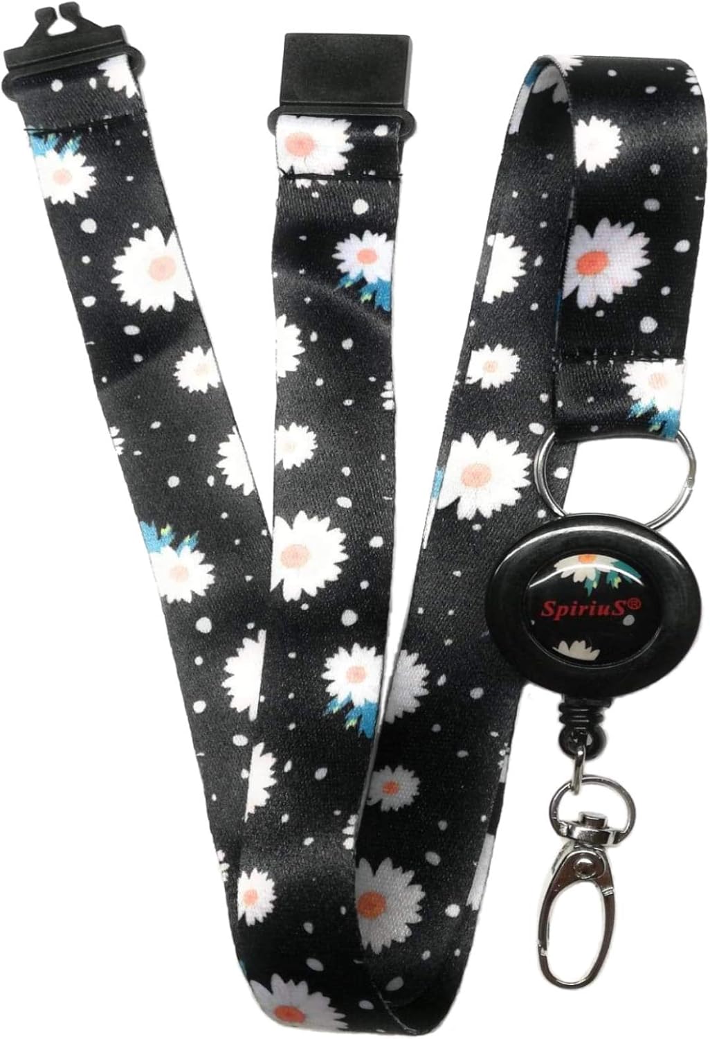 SpiriuS Retractable Lanyard Neck Strap for id Card Badge Holder with Safety Clip Breakaway (Retractable Daisies in Black)
