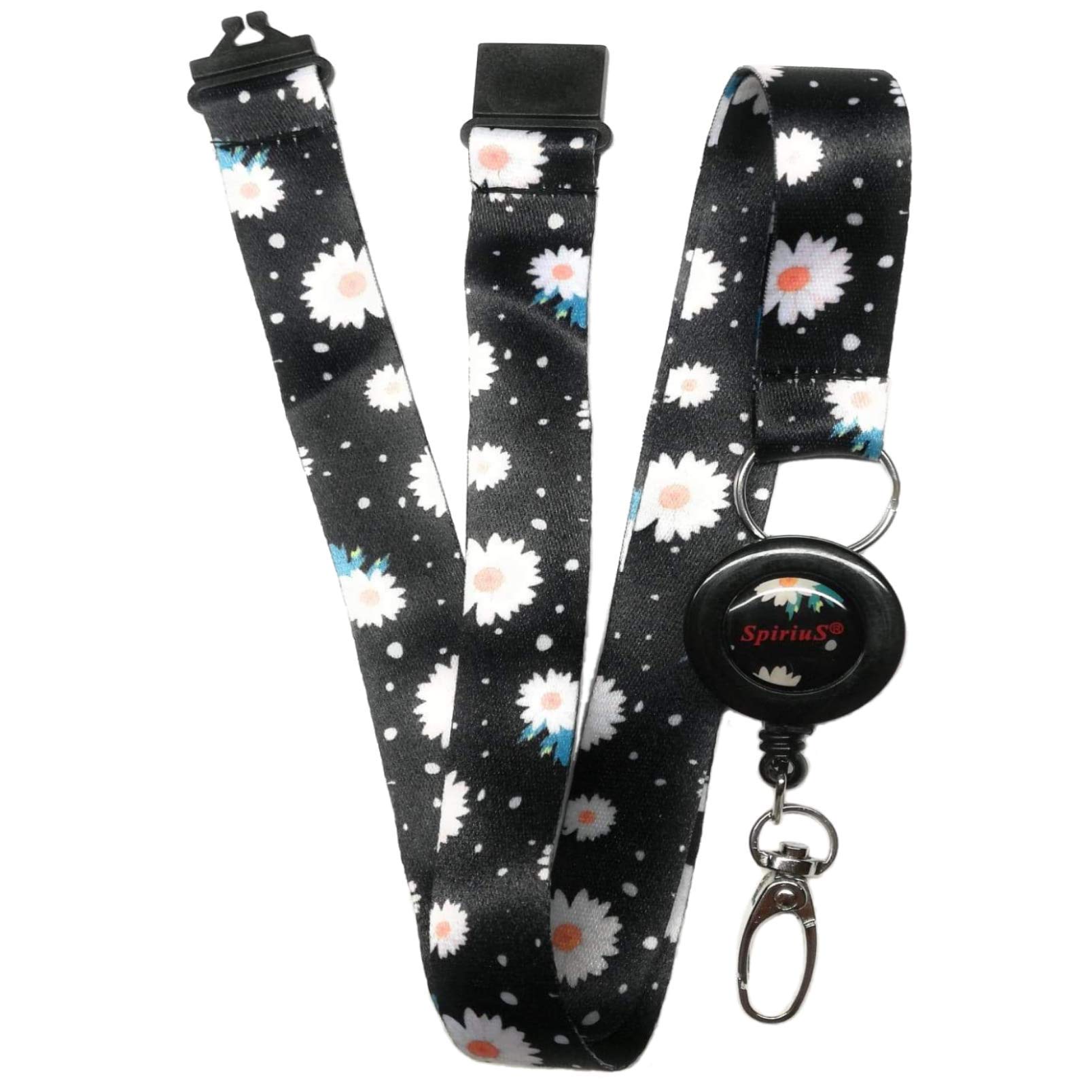 SpiriuS Retractable Lanyard Neck Strap for id Card Badge Holder with Safety Clip Breakaway (Retractable Daisies in Black)